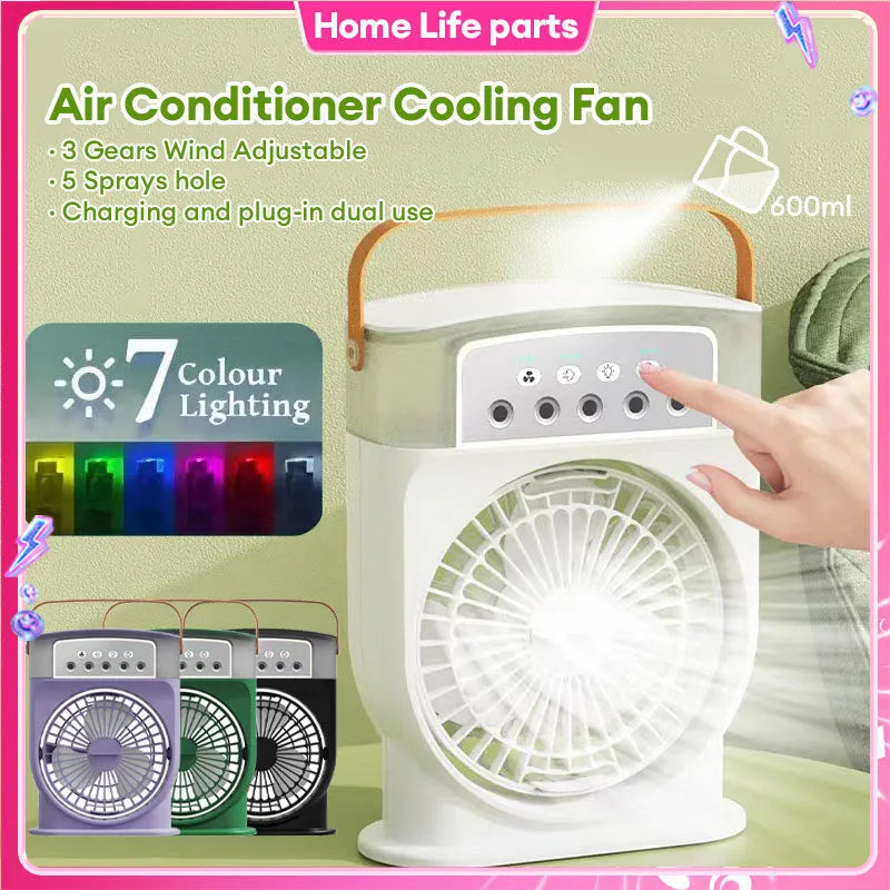 Portable USB Air Conditioner Cooling Fan With 5 Sprays 7 Color Light 600ML Water Tank Spray Mist Air Cooler Humidifiers