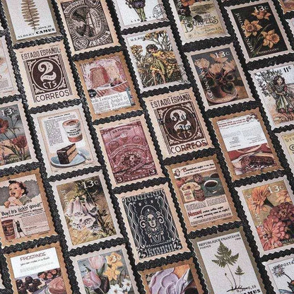 100pcs Vintage Stamps DIY Scrapbooking Retro Stationery Supplies Journal Stickers Antique Stamps Flowers Leaves Paintings Film Stamps