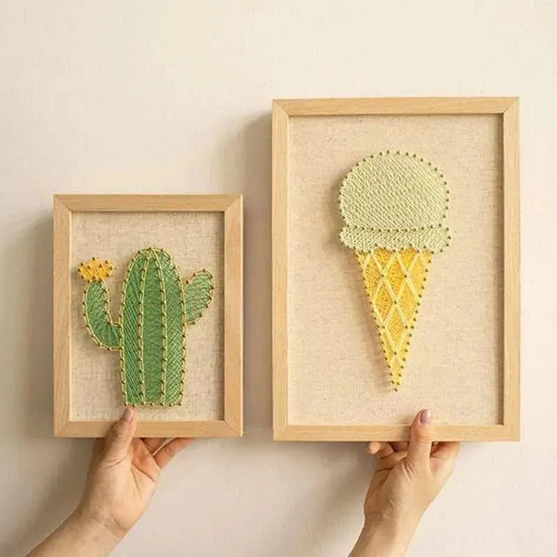 3D DIY Cactus & Ice Cream String Art Kit Winding Painting Gift String Line Art Set for Kids Adults Embroidery Wooden Home Decor Wall Art