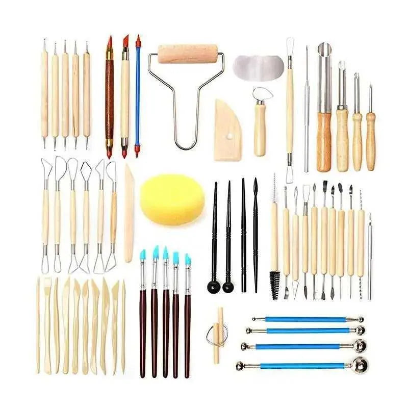 61pc Clay Sculpting Tool Kit DIY Polymer Clay Modelling Set Clay Pottery Sculpture Making Soft Clay Carving Wooden Stainless Steel Tools