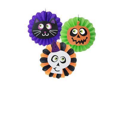 Halloween Decorative Cartoon Skull Pumpkin Colorful Paper Fan Set