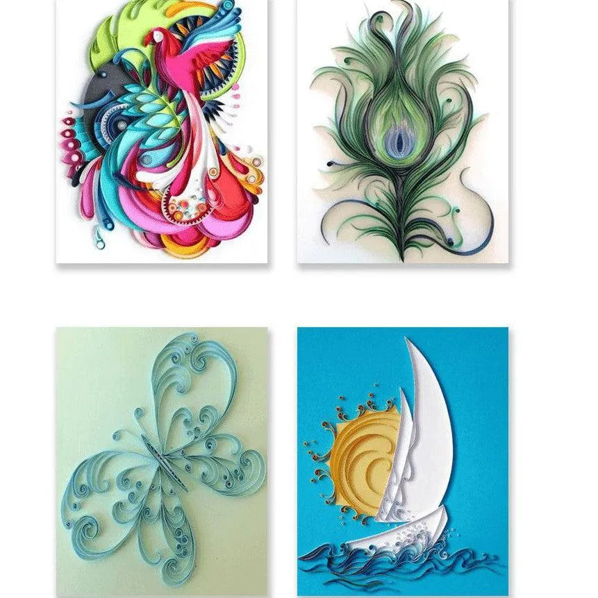 four paintings of different shapes and colors