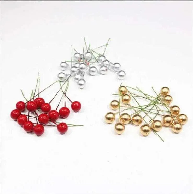 Artificial Berries Faux Gold Cherry Christmas Tree Decor Christmas Party Ornaments Wreath Decoration 100pcs