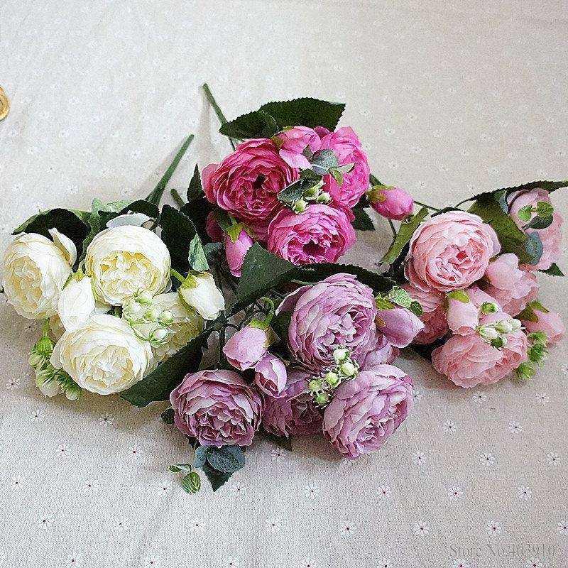 Artificial flowers fabric peony bouquet of fake flower 5 heads and 4 buds