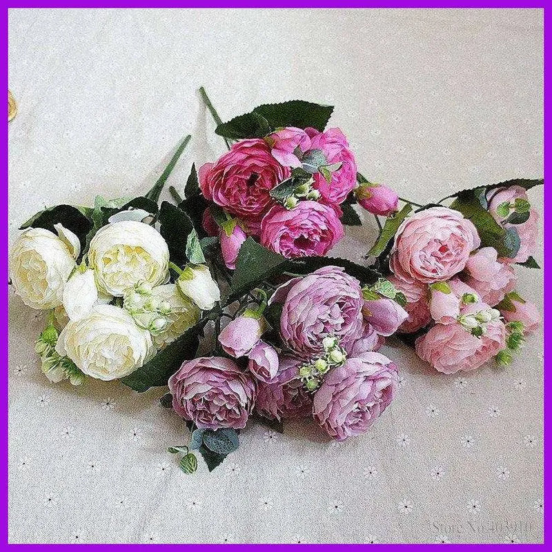 Artificial flowers fabric peony bouquet of fake flower 5 heads and 4 buds