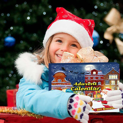 a girl in a santa hat holding a box of cookies