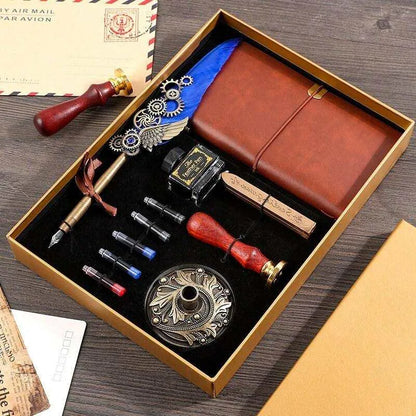 Calligraphy Feather Pen Set With Leather Journal And Wax Seals