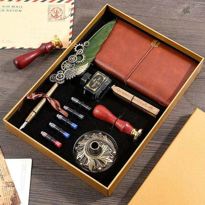 Calligraphy Feather Pen Set With Leather Journal And Wax Seals