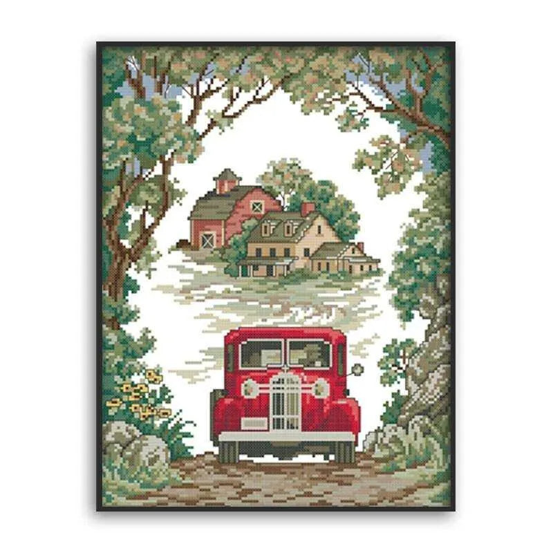 Car And Forest Cross Stitch Pattern