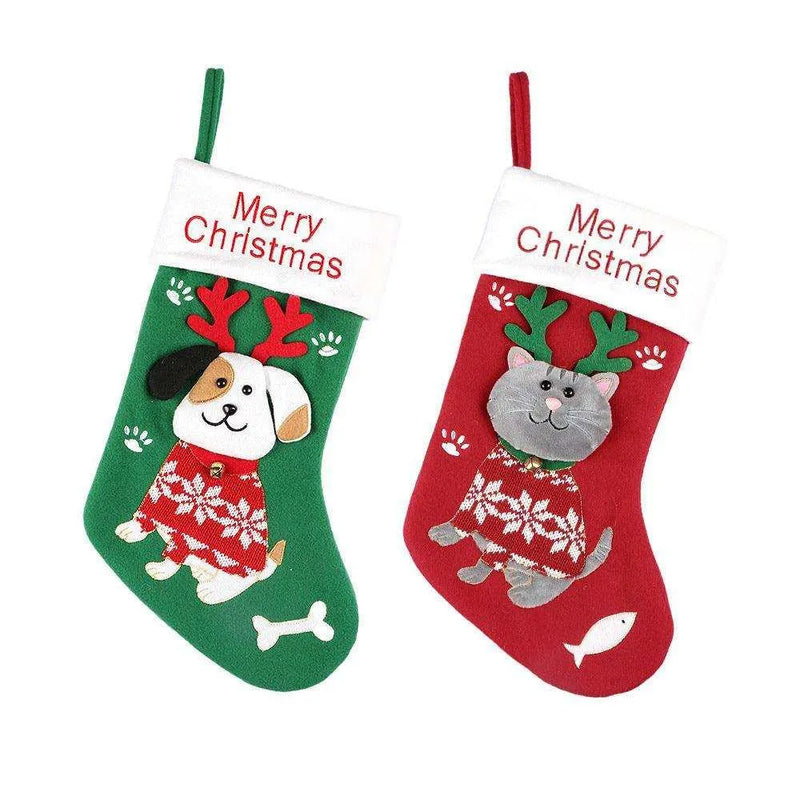 Cartoon Christmas Sock Gift Bag - Non-Woven and Brushed Fabric - Puppy & Kitten Models - Green & Red - 37x23x2 CM , Cartoon Christmas Sock Gift Bag, christmas decoration