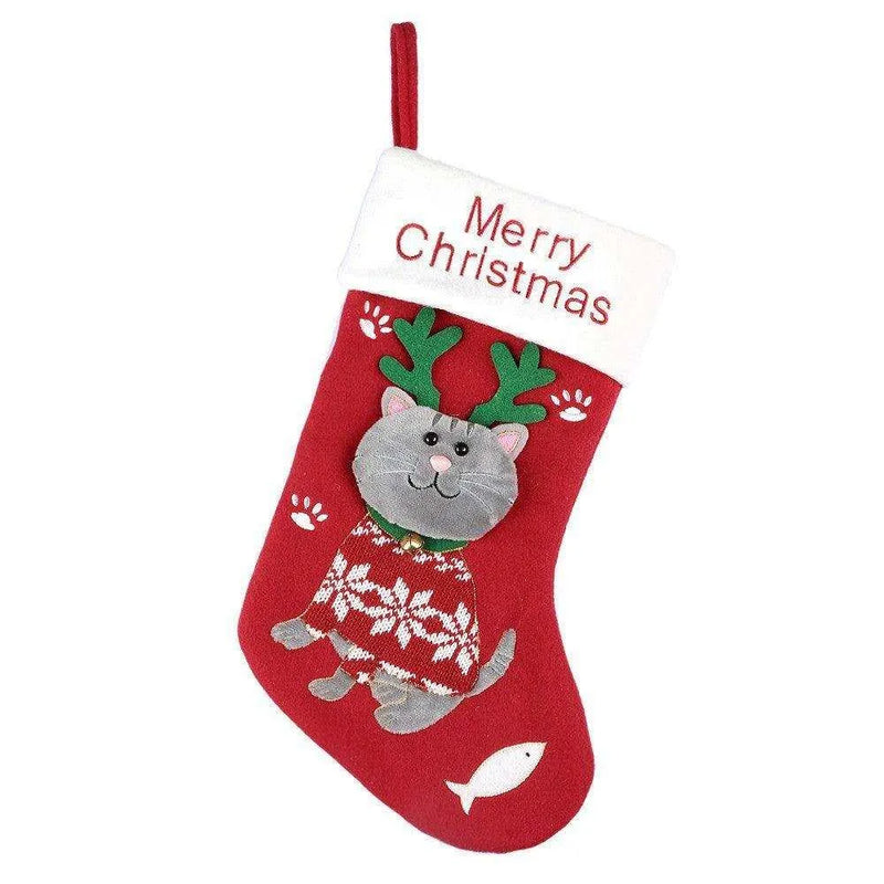 Cartoon Christmas Sock Gift Bag - Non-Woven and Brushed Fabric - Puppy & Kitten Models - Green & Red - 37x23x2 CM , Cartoon Christmas Sock Gift Bag, christmas decoration