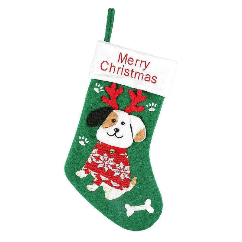 Cartoon Christmas Sock Gift Bag - Non-Woven and Brushed Fabric - Puppy & Kitten Models - Green & Red - 37x23x2 CM , Cartoon Christmas Sock Gift Bag, christmas decoration