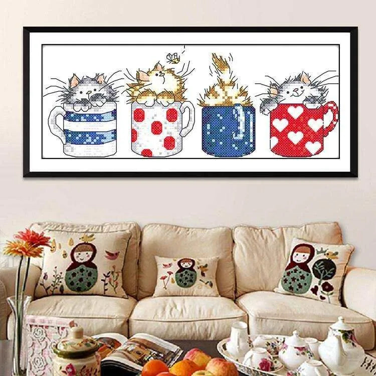 Cartoon Cross Stitch Of Kitten In Cup Kitten Embroidery Kit