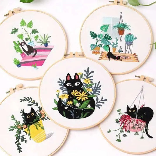 Cats And Plants Cute Embroidery Kit DIY Embroidery For Beginners Cute Embroidery Patterns Kits With Hoop Easy Embroidery Kit