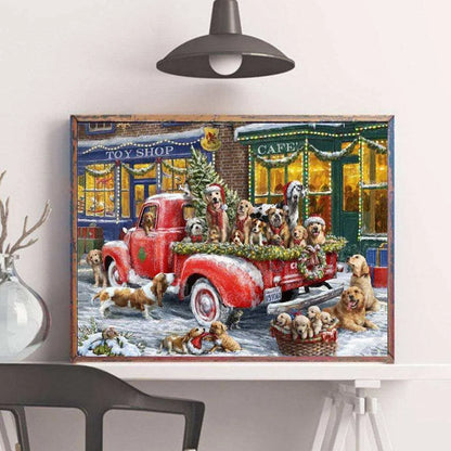 a painting of dogs in the back of a red truck