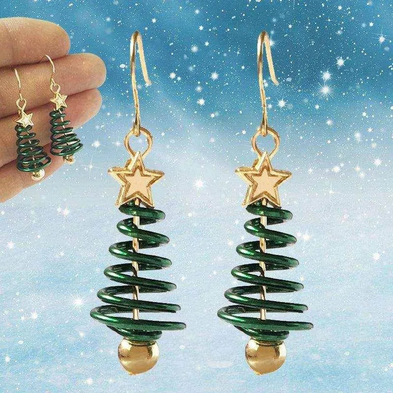 a pair of green and gold christmas tree earrings