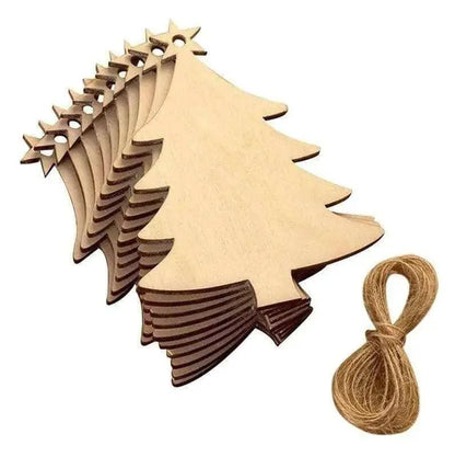 Christmas Tree Shape Wooden Pendant Hanging Ornaments DIY Xmas Tree Decor Wood Embellishments With Twine 10pcs