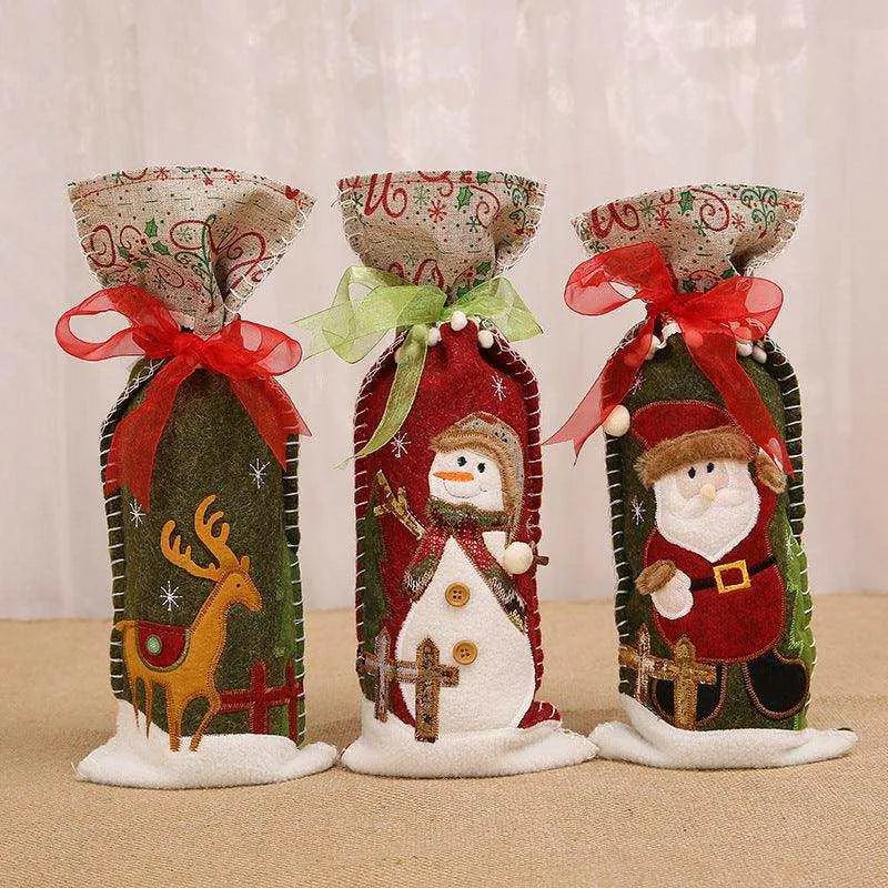 Christmas Wine Bottle Set - Fabric Material, 34*14.5*0.5CM Size, Ribbon Wine Set Snowman, Deer, Old Man , christmas decoration, Christmas wine bottle set