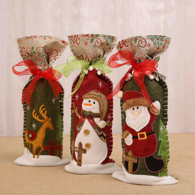 Christmas Wine Bottle Set - Fabric Material, 34*14.5*0.5CM Size, Ribbon Wine Set Snowman, Deer, Old Man , christmas decoration, Christmas wine bottle set