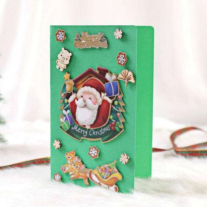 a green christmas card with a picture of a santa clause