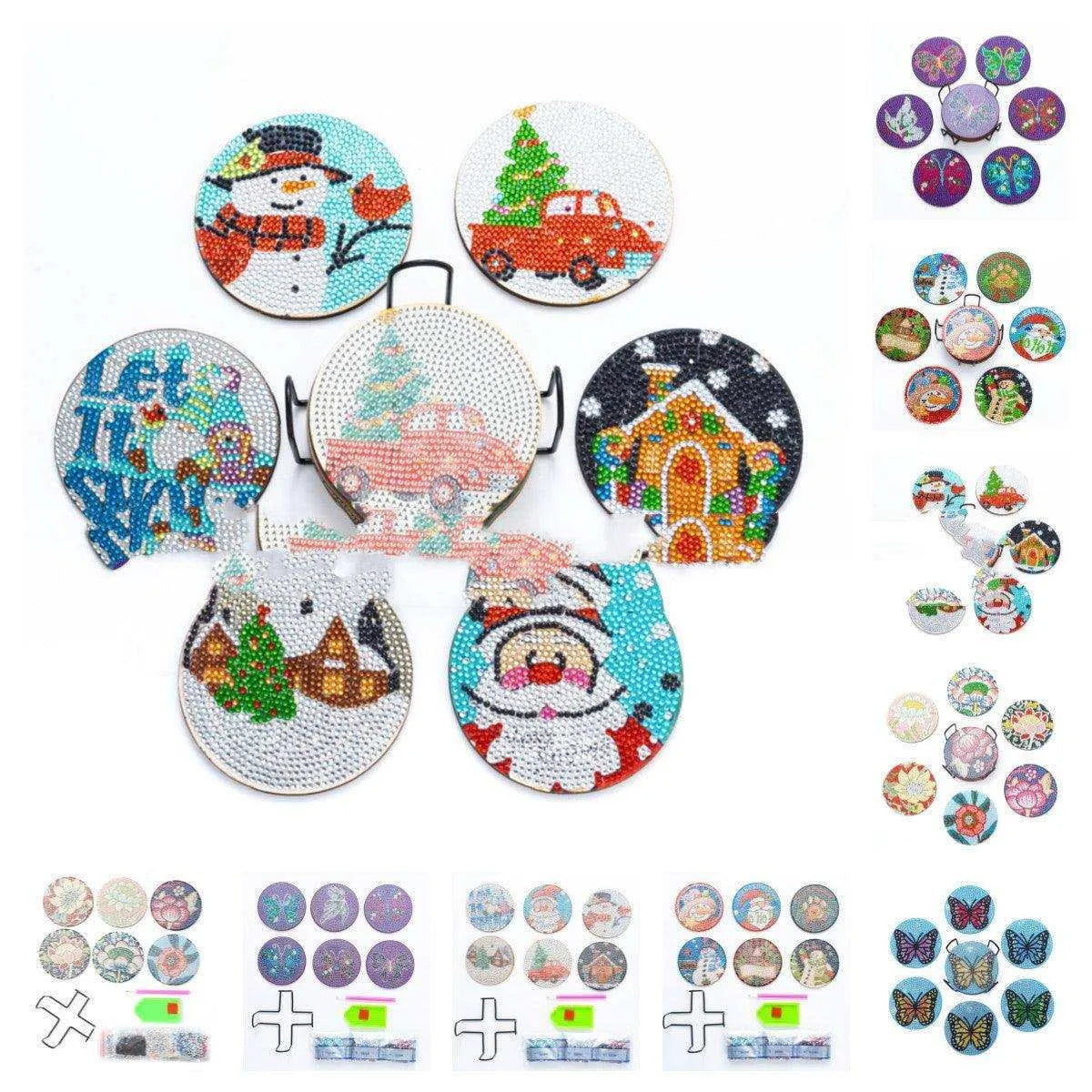 a collection of christmas themed buttons and magnets