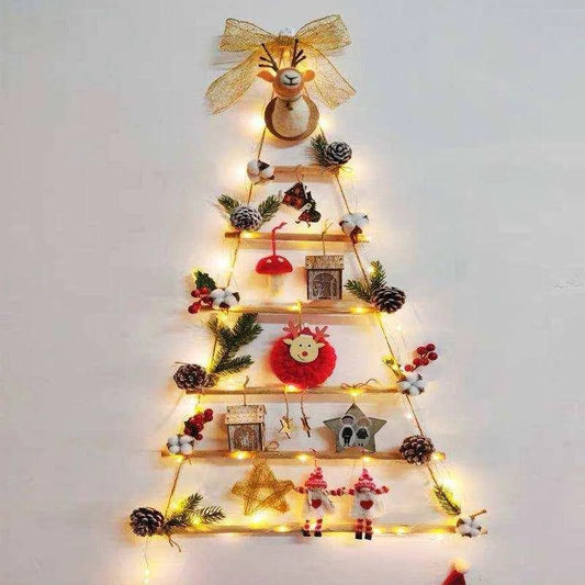 a christmas tree made out of wooden shelves