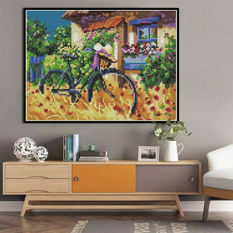 Bicycle Cross Stitch Country Cross Stitch Rural Cross Stitch Farm Cross Stitch