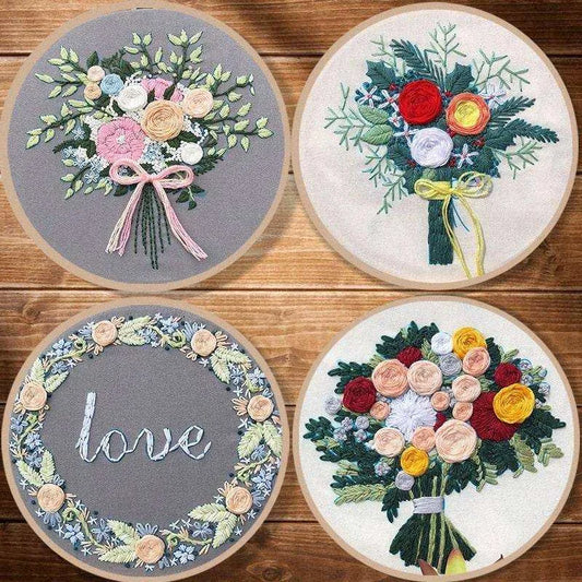 Flower Embroidery Set Floral Cross Stitch Kit DIY Embroidery Threads and Hoop Ring 20cm Punch Needle Set Needlecrafts Floral Embroidery Kit