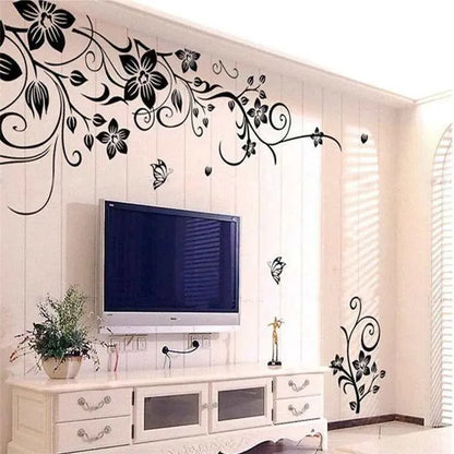 Flowers Vine Mural Wall Stickers Decal For Living Room Bedroom Office Wall Decoration Vinyl Botanical Black Floral Butterfly 3D Wall Decal