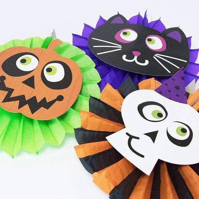 Halloween Skull Pumpkin Cat Colorful Paper Fan Set