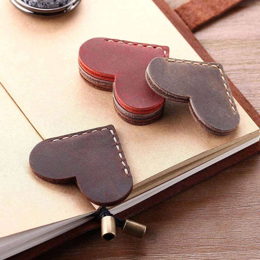 Heart-Shaped Handmade Cowhide & Crazy Horse Skin Bookmark - Customizable Logo - 5x5 cm , 