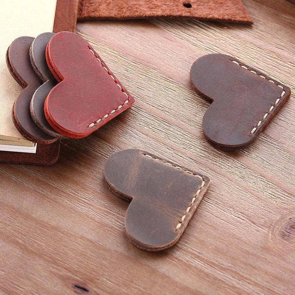 Heart-Shaped Handmade Cowhide & Crazy Horse Skin Bookmark - Customizable Logo - 5x5 cm , 