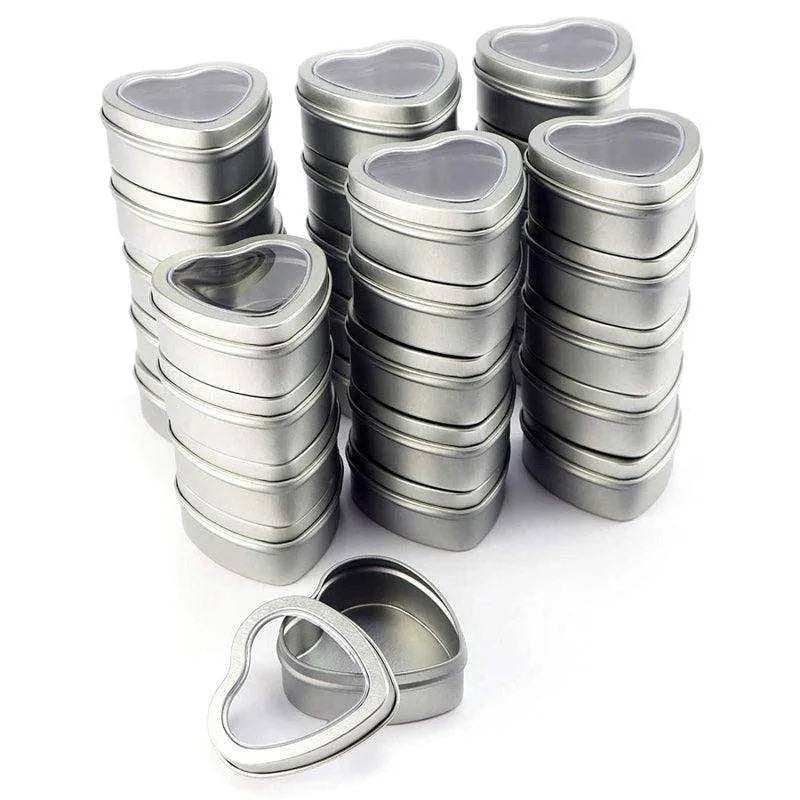 Heart-Shaped Metal Tin Box - 1.96oz Capacity, Silver with Transparent Window , 