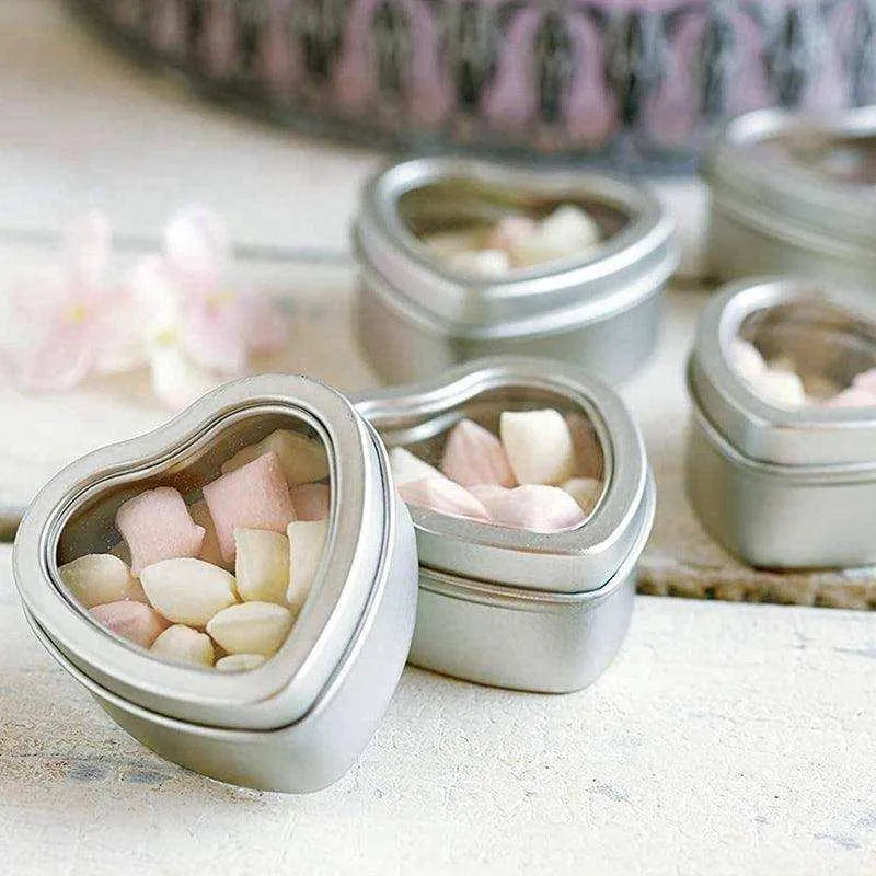 Heart-Shaped Metal Tin Box - 1.96oz Capacity, Silver with Transparent Window , 