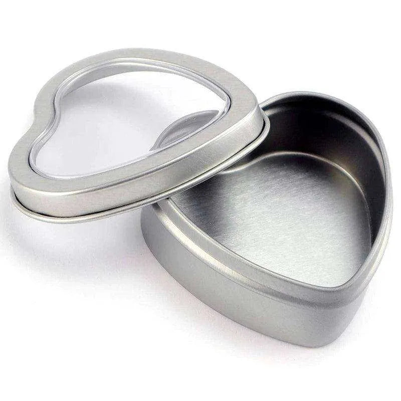 Heart-Shaped Metal Tin Box - 1.96oz Capacity, Silver with Transparent Window , 