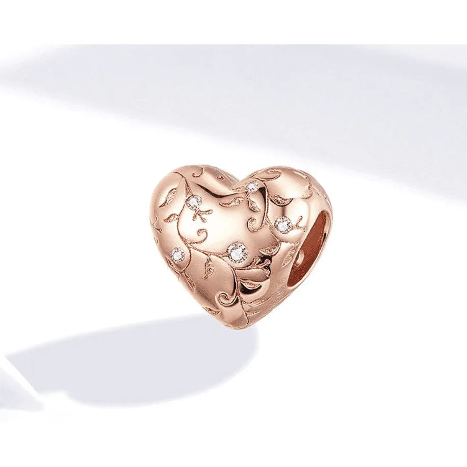 Heart-Shaped Retro Pattern Silver Beads - 925 Silver, Rose Gold Plated, Sparkling Zircon Accents - 1.1cm x 1.1cm , 