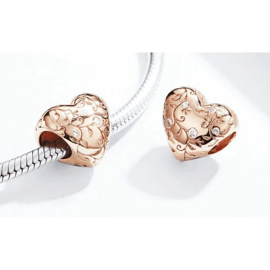 Heart-Shaped Retro Pattern Silver Beads - 925 Silver, Rose Gold Plated, Sparkling Zircon Accents - 1.1cm x 1.1cm , 