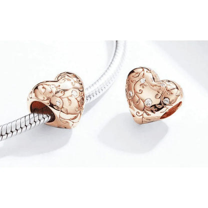 Heart-Shaped Retro Pattern Silver Beads - 925 Silver, Rose Gold Plated, Sparkling Zircon Accents - 1.1cm x 1.1cm , 