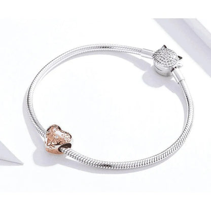 Heart-Shaped Retro Pattern Silver Beads - 925 Silver, Rose Gold Plated, Sparkling Zircon Accents - 1.1cm x 1.1cm , 