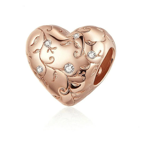 Heart-Shaped Retro Pattern Silver Beads - 925 Silver, Rose Gold Plated, Sparkling Zircon Accents - 1.1cm x 1.1cm , 