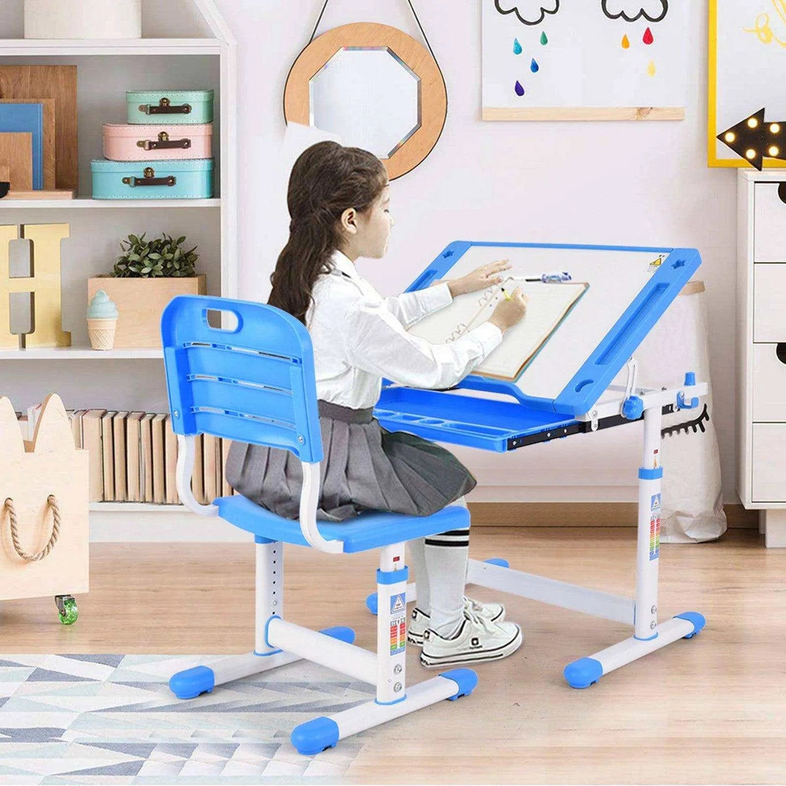 Height Adjustable Study Desk and Chair Set with Tilted Desktop - Pull Out Drawer - Metal and Plastic - 25.6x18.5x23.6-29 inches - Pink/Blue , Height Adjustable Study Desk And Chair Set Pull Out Drawer With Tilted Desktop, Kids Arts & Crafts