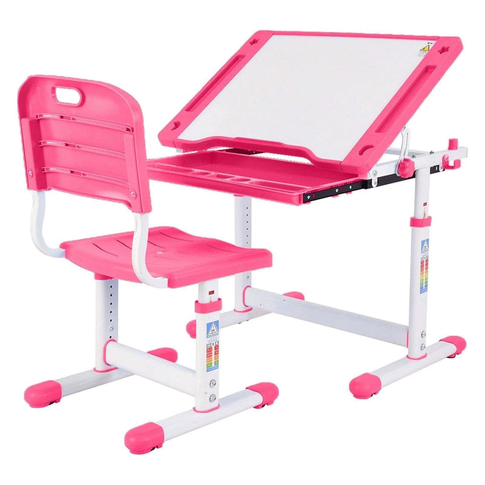 Height Adjustable Study Desk and Chair Set with Tilted Desktop - Pull Out Drawer - Metal and Plastic - 25.6x18.5x23.6-29 inches - Pink/Blue , Height Adjustable Study Desk And Chair Set Pull Out Drawer With Tilted Desktop, Kids Arts & Crafts