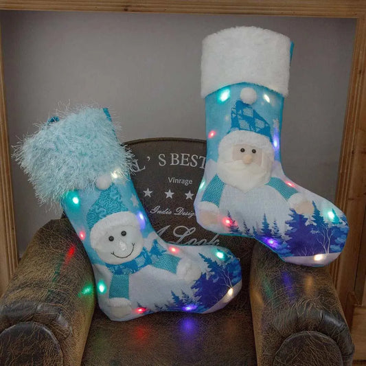 Luminous Christmas Socks - Santa Claus & Snowman | 47x30cm | Blue Gift Candy Bag , christmas decoration, New Year Christmas Decor For Home Glowing Large Christmas Socks Gift Candy Bag With Lights Christmas Ornaments