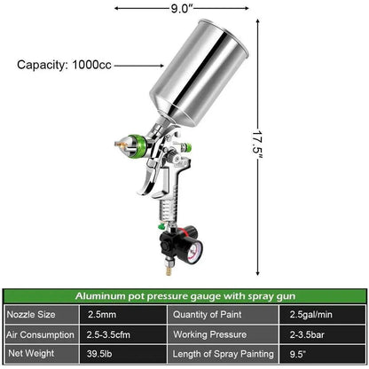 Professional HVLP Gravity Feed Air Spray Gun, 1.7mm 2.0mm 2.5mm Nozzles, 1000cc , DIY tools & accessories, Professional HVLP Gravity Feed Air Spray Gun 1.7mm 2.0mm 2.5mm Nozzles 1000cc