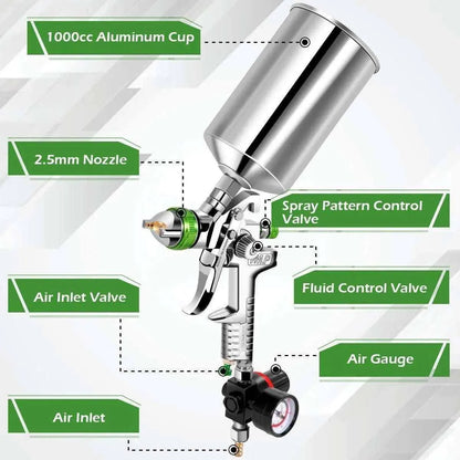 Professional HVLP Gravity Feed Air Spray Gun, 1.7mm 2.0mm 2.5mm Nozzles, 1000cc , DIY tools & accessories, Professional HVLP Gravity Feed Air Spray Gun 1.7mm 2.0mm 2.5mm Nozzles 1000cc