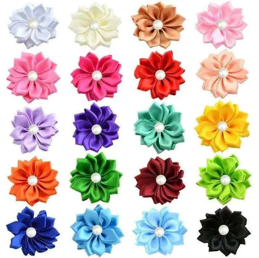 Ribbon Flower With Pearl Satin Fabric Rose Rolled Rosette Wholesale Flowers DIY Headband Clips Hair Accessories Choose From 10 Colors