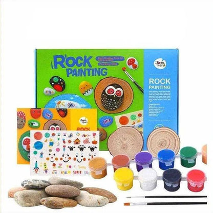 Rock Painting Kit Toys For Kids Stone DIY Craft Arts Creative Tools For Children Includes Wooden Board Brushes Rocks & Waterproof Paint