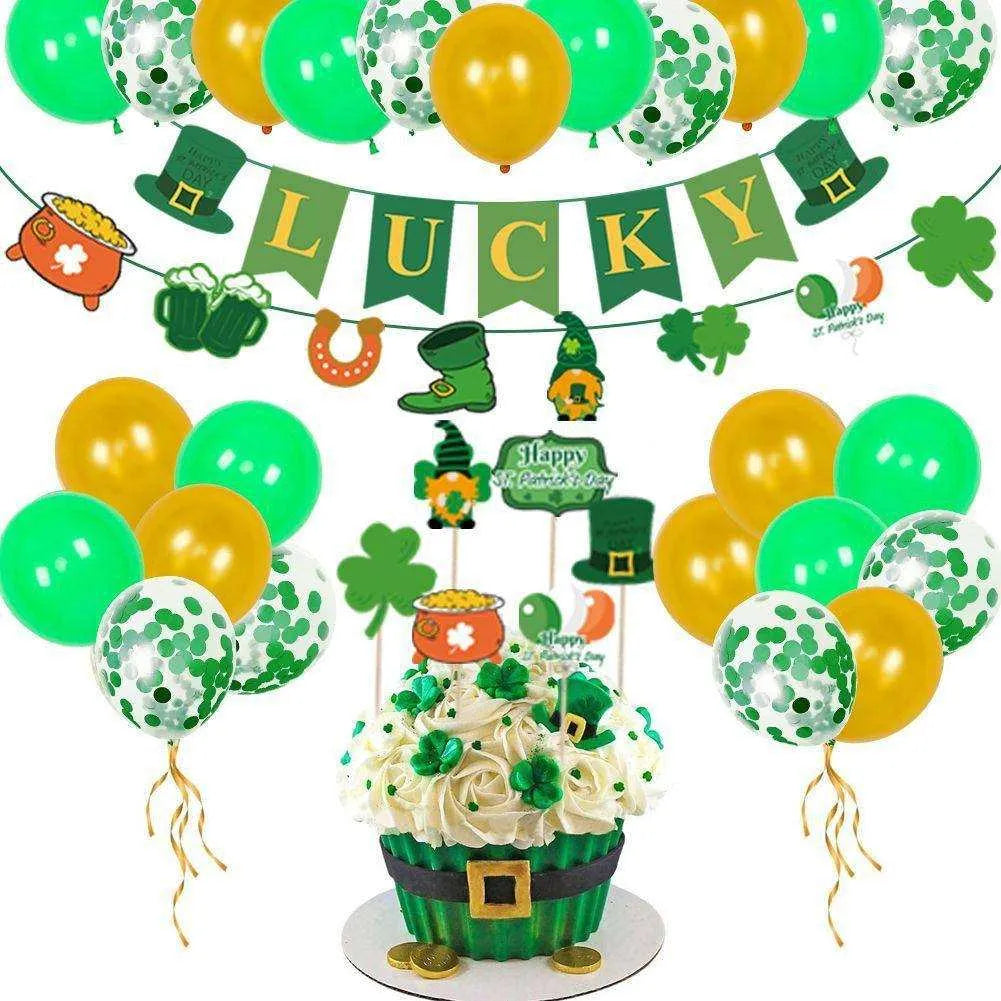 St. Patrick's Day Balloon Decoration Supplies - 32 Balloons, Pull Flag, Cake Card, Dispensing, Ribbon , 