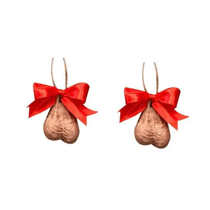 a pair of christmas ornaments with a red bow