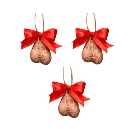 a set of three ornaments with a red bow